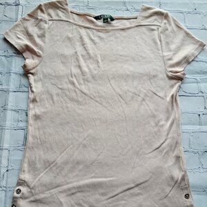 Lauren Ralph Lauren Women’s Top Beige Short Sleeve Button Hem Cotton Size L